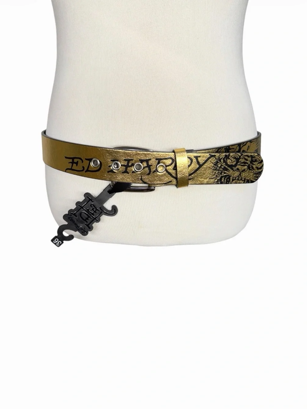 Ed Hardy Metallic Gold Tiger Graphic Rhinestone Buckle Belt Size 36 Y2K